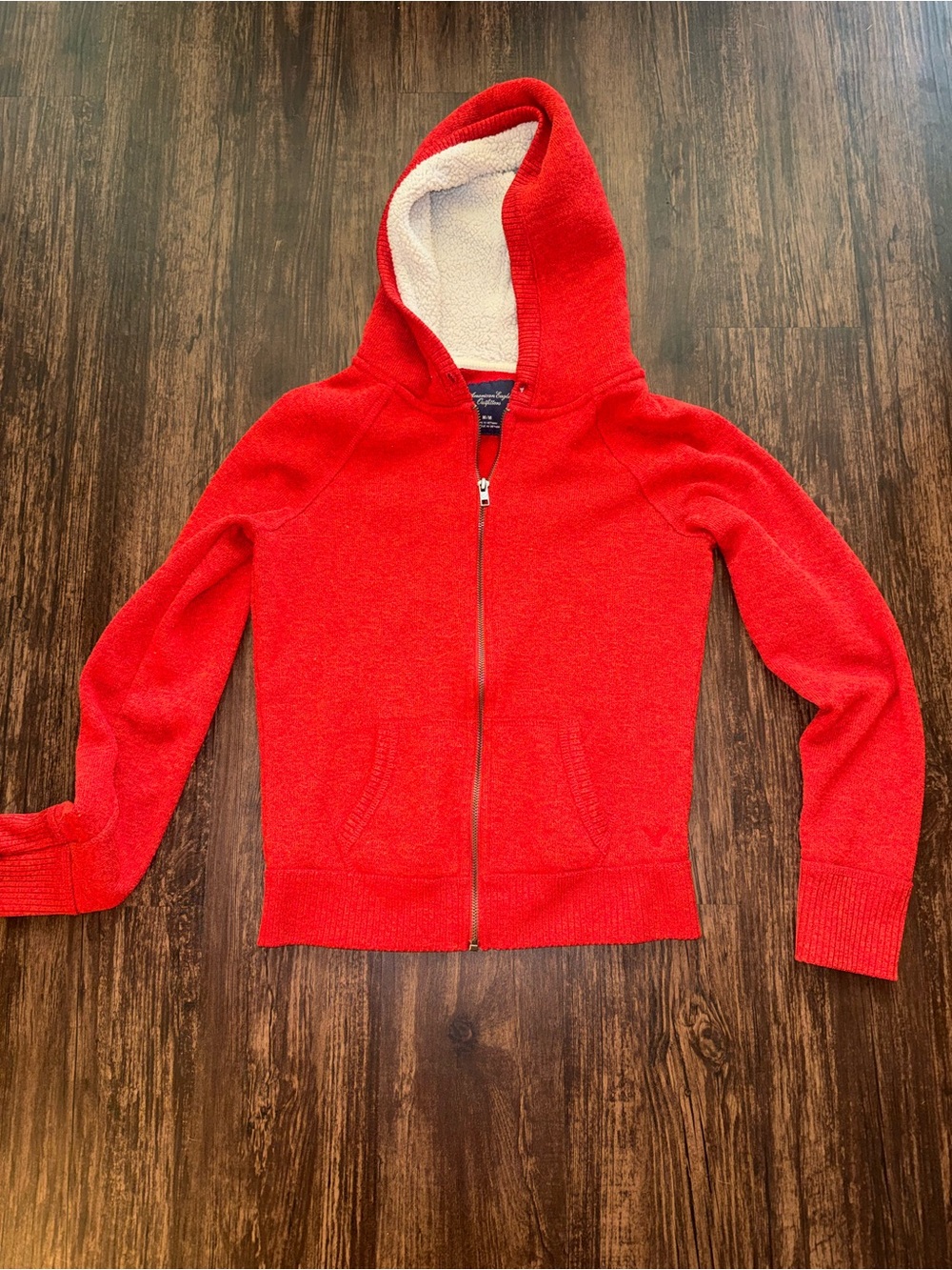Y2K American Eagle Red Sherpa-Lined Hooded Zip Sweater M